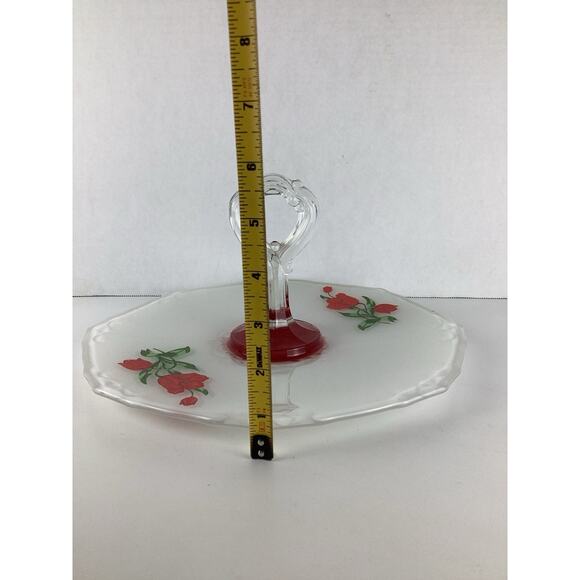 Clear Red Cake Plate Tulip Indiana Glass Painted Tidbit Tray with Key Handle - Picture 4 of 4